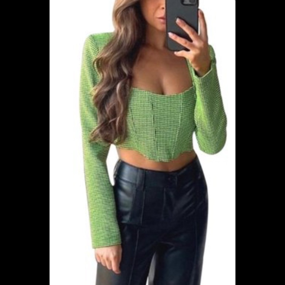 NWT Zara Houndstooth Neon Green & Black Crop Top Medium M Gorgeous Top